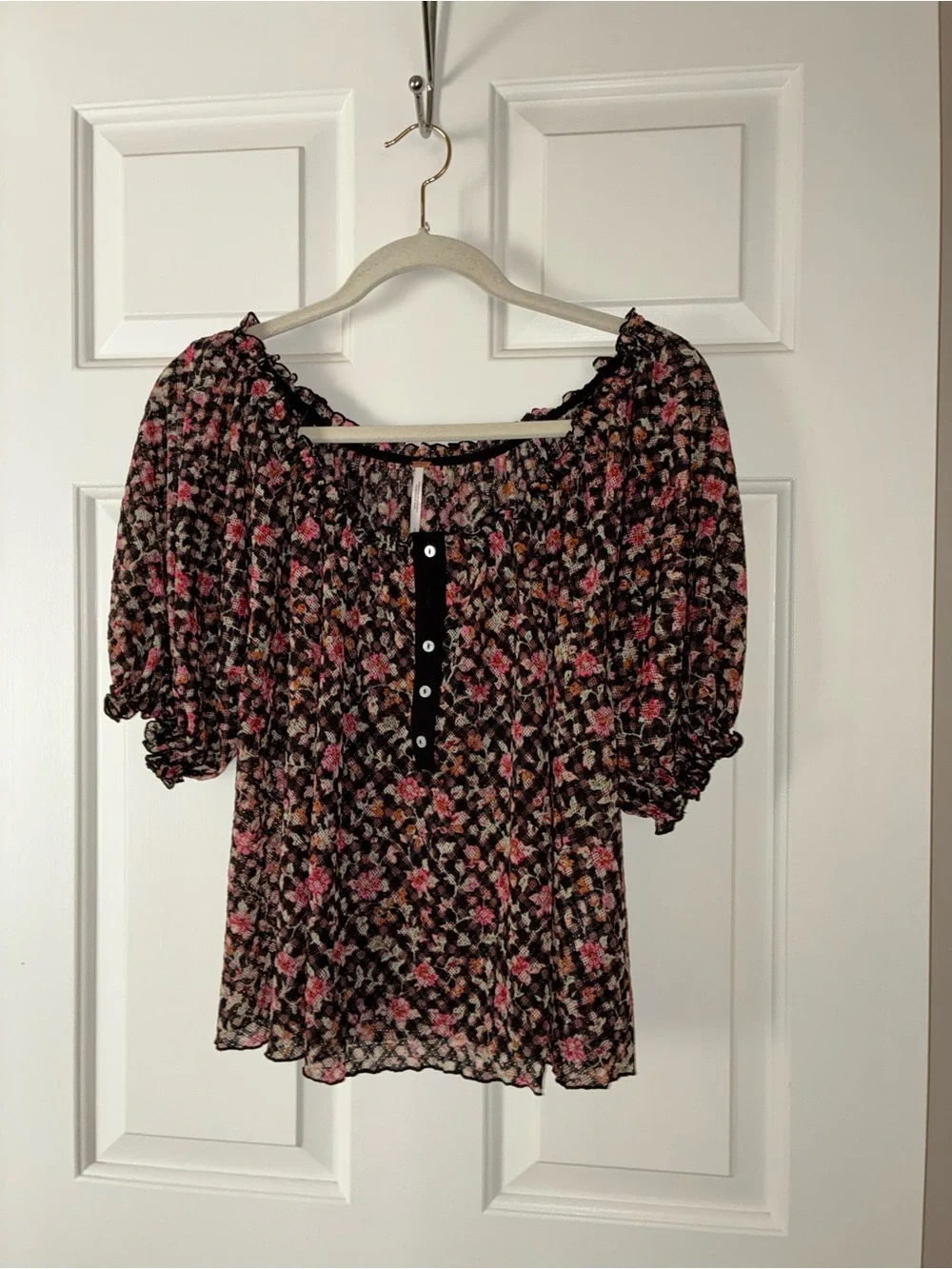 Free People Astra Peasant Top Black Pink Floral Puff Sleeve Sz S